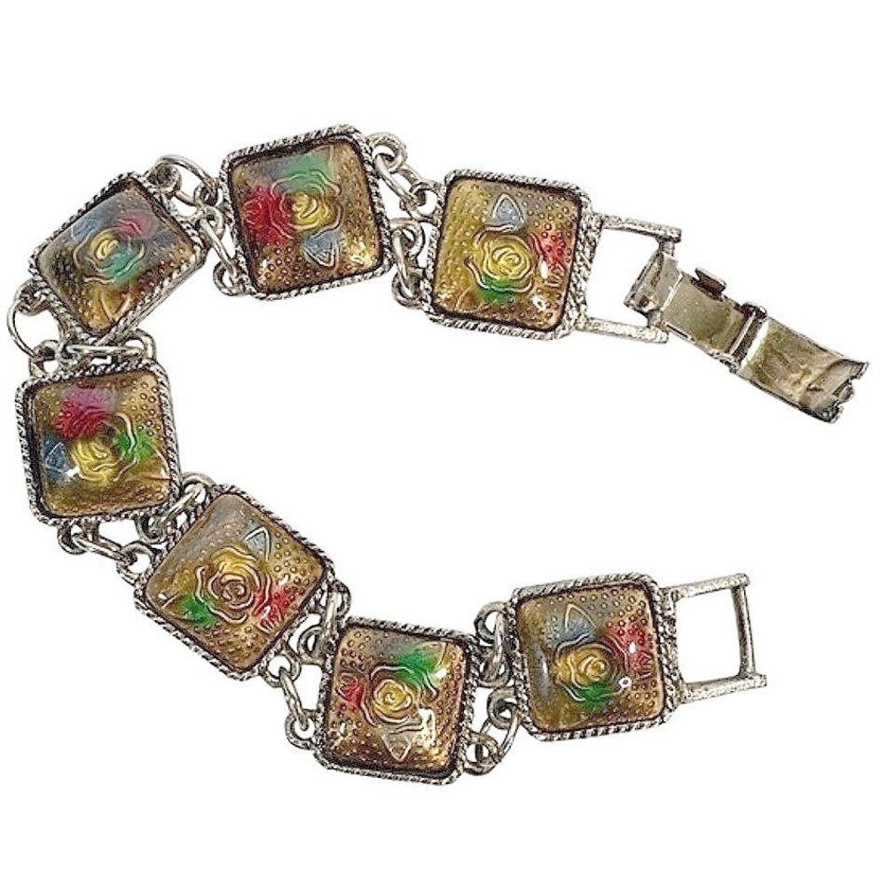 Vintage Floral Panel Link Bracelet Enamel Rose Gold Tone Boho Jewelry - Picture 5 of 10